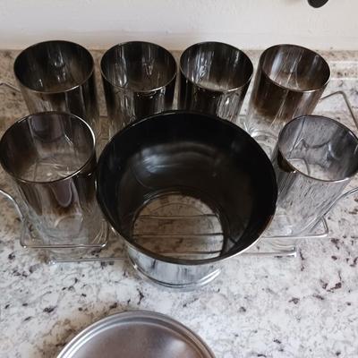 GLASSES AND ICE BUCKET PLUS SOME CUTLERY