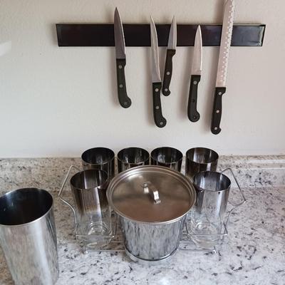 GLASSES AND ICE BUCKET PLUS SOME CUTLERY