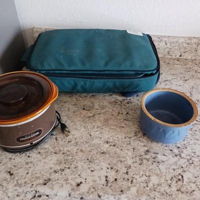 CROCK POT, VINTAGE CLAY BOWL AND TO GO CASSEROLE DISH