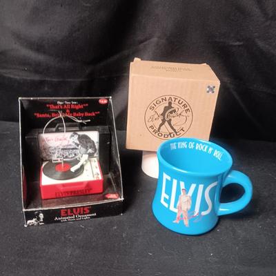 ELVIS ILLUMINATING MUSICAL ORNAMENT AND COFFEE MUG
