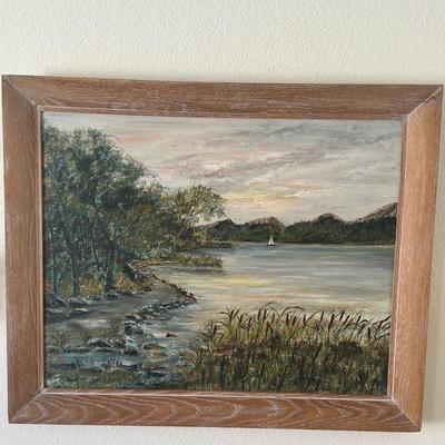 Small Panting Of Lake and Sail Boat