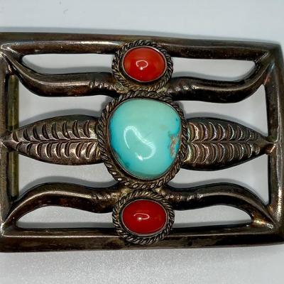 Vintage Native American Turquoise, Coral, and Pawn Silver Belt Buckle