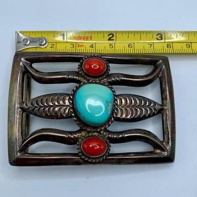 Vintage Native American Turquoise, Coral, and Pawn Silver Belt Buckle