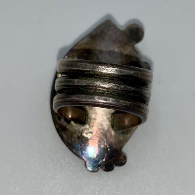 Vintage Native American Pawn Silver, Coral, and Bear Claw Ring