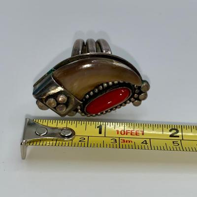 Vintage Native American Pawn Silver, Coral, and Bear Claw Ring