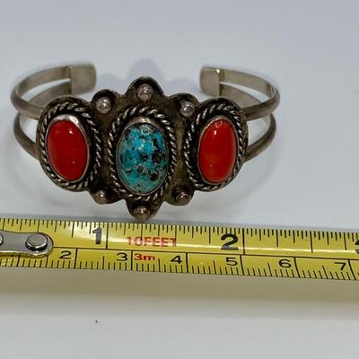 Vintage Native American Turquoise, Coral, and Pawn Silver Bracelet