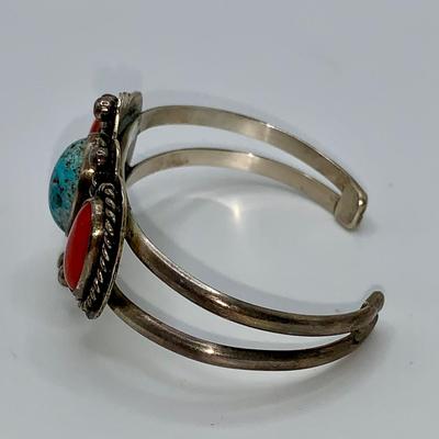 Vintage Native American Turquoise, Coral, and Pawn Silver Bracelet