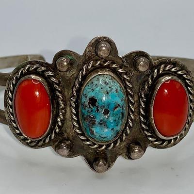 Vintage Native American Turquoise, Coral, and Pawn Silver Bracelet