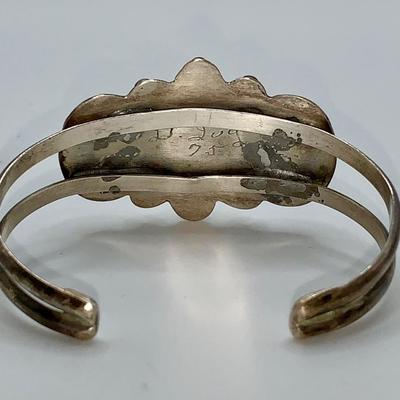 Vintage Native American Turquoise, Coral, and Pawn Silver Bracelet