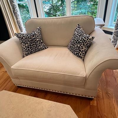 Gorgeous custom upholstered sofa and comfy oversized chair in creamy white