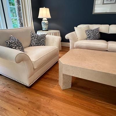 Gorgeous custom upholstered sofa and comfy oversized chair in creamy white