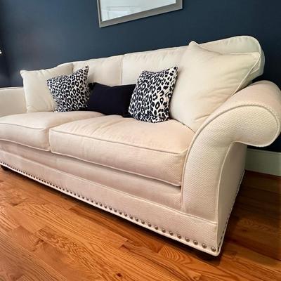 Gorgeous custom upholstered sofa and comfy oversized chair in creamy white