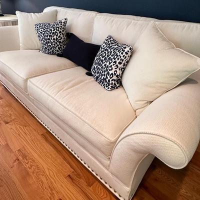 Gorgeous custom upholstered sofa and comfy oversized chair in creamy white