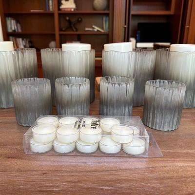 Lot of Restoration Hardware glass candle holders (votives) and extra candles