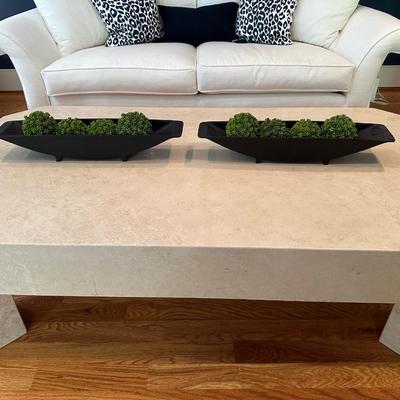 Two Restoration Hardware trays with faux ball plants