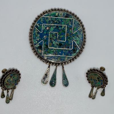 Vintage Native American Pawn Silver & Turquoise Pin/Necklace and Earring Set