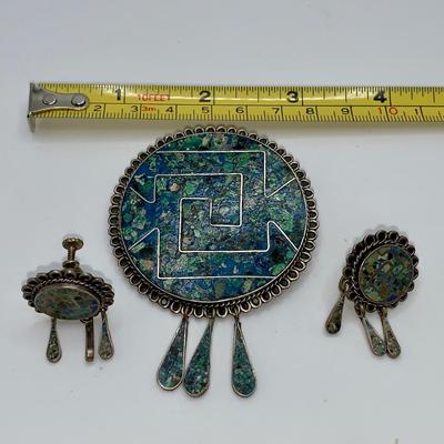 Vintage Native American Pawn Silver & Turquoise Pin/Necklace and Earring Set