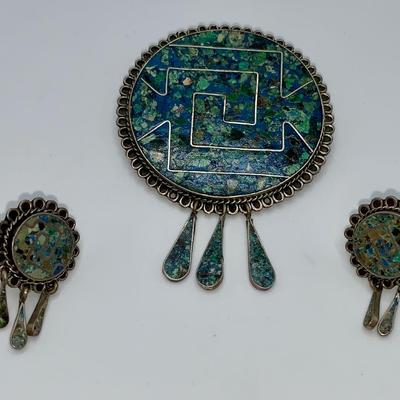 Vintage Native American Pawn Silver & Turquoise Pin/Necklace and Earring Set