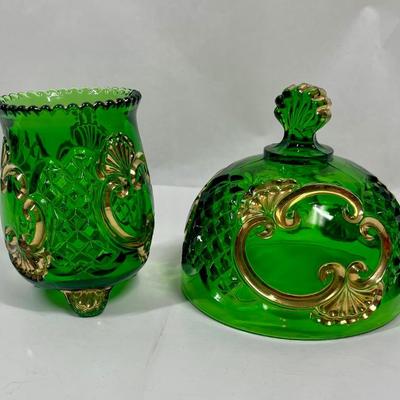 2 pieces of McKee Riverside Glass Croesus Green & Gold butter dish (top only) & Footed Spooner