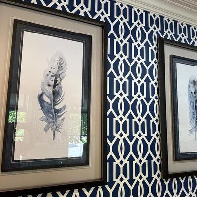 Two navy framed feather artwork
