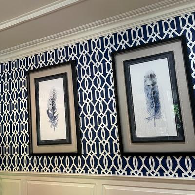 Two navy framed feather artwork