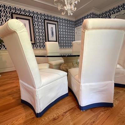 Six fabulous custom upholstered navy and white slipper chairs (table sold separately)