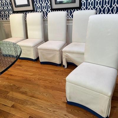 Six fabulous custom upholstered navy and white slipper chairs (table sold separately)