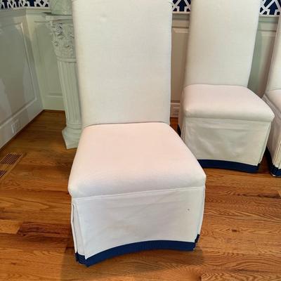 Six fabulous custom upholstered navy and white slipper chairs (table sold separately)