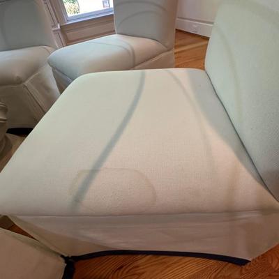 Six fabulous custom upholstered navy and white slipper chairs (table sold separately)