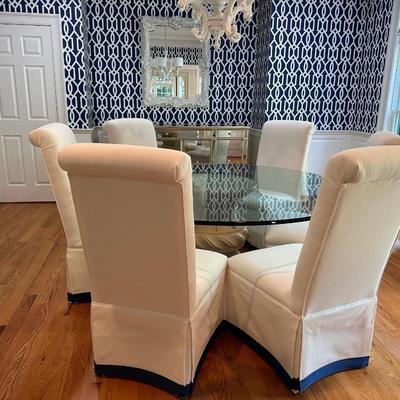 Six fabulous custom upholstered navy and white slipper chairs (table sold separately)