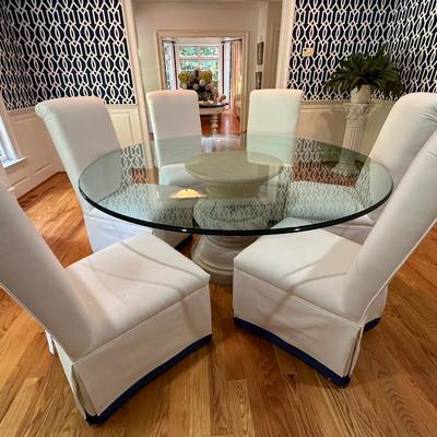Statement piece!! Round glass with concrete pedestal dining table (comes with two pieces of glass!)