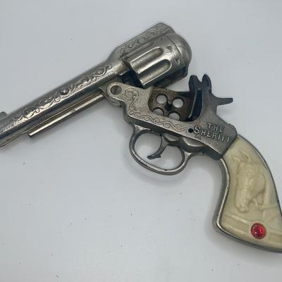 1930’s The Sheriff Cast Iron Cap Pistol W/Leather Holster