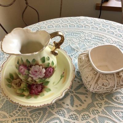 Ceramic Pitcher and Bowl, and Napco Planter