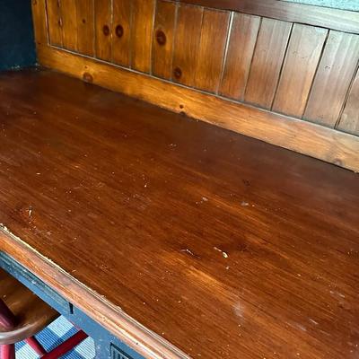 Charcoal weathered desk and hutch with natural wood inset and top.