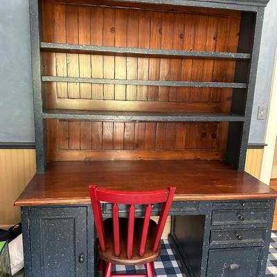 Charcoal weathered desk and hutch with natural wood inset and top.