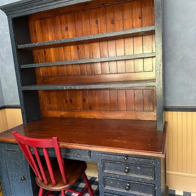 Charcoal weathered desk and hutch with natural wood inset and top.