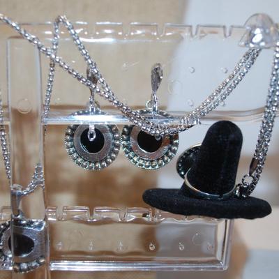 Black Circles JEWELRY SET Includes Earrings (1" Circ.) with English Lock; ADJUSTABLE Size 8 Ring & PENDANT (1" Circ.) on a...