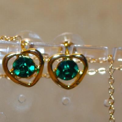 Green Hearts JEWELRY SET Includes Earrings (½") with POST Ends; ADJUSTABLE Size 7 Ring & PENDANT (½") on a Gold Tone...