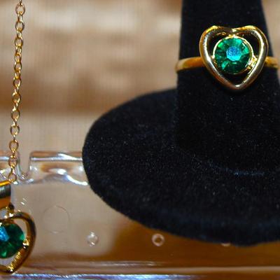 Green Hearts JEWELRY SET Includes Earrings (½") with POST Ends; ADJUSTABLE Size 7 Ring & PENDANT (½") on a Gold Tone...