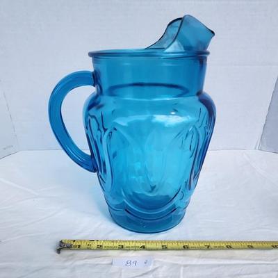 Anchor Hocking Colonial Blue Tulip 80 ounce Glass Pitcher. Mid Century blue pitcher