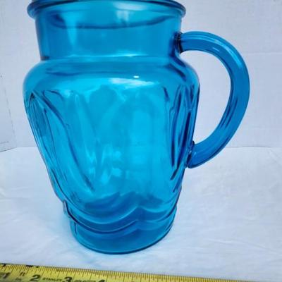 Anchor Hocking Colonial Blue Tulip 80 ounce Glass Pitcher. Mid Century blue pitcher
