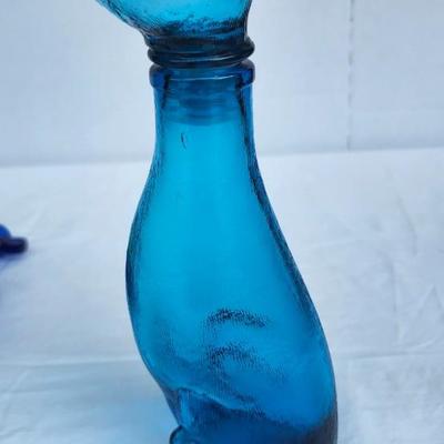 Vintage Glass Bottle lot with Green and Blue Glass Glass Cat Decanter. Vintage Banjo Glass Bottle