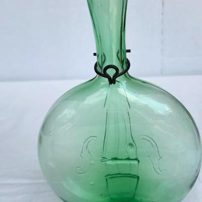 Vintage Glass Bottle lot with Green and Blue Glass Glass Cat Decanter. Vintage Banjo Glass Bottle