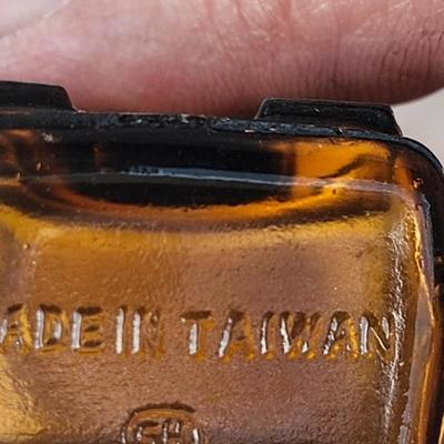 Vintage Glass Bottle lot with Green and Blue Glass Glass Cat Decanter. Vintage Banjo Glass Bottle