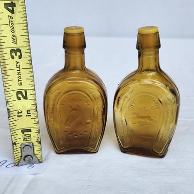 Vintage Glass Bottle lot with Green and Blue Glass Glass Cat Decanter. Vintage Banjo Glass Bottle