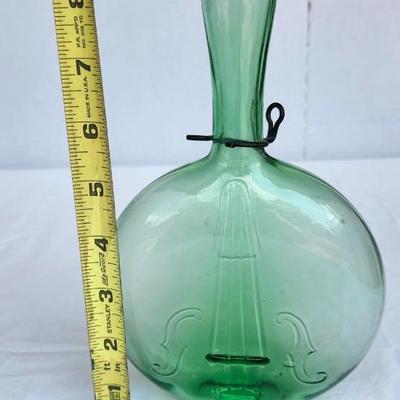 Vintage Glass Bottle lot with Green and Blue Glass Glass Cat Decanter. Vintage Banjo Glass Bottle