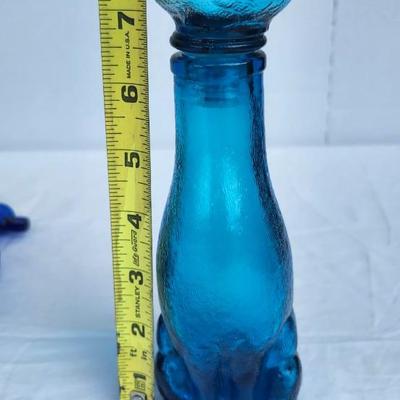 Vintage Glass Bottle lot with Green and Blue Glass Glass Cat Decanter. Vintage Banjo Glass Bottle