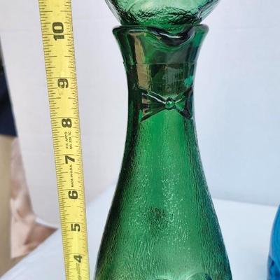 Vintage Glass Bottle lot with Green and Blue Glass Glass Cat Decanter. Vintage Banjo Glass Bottle