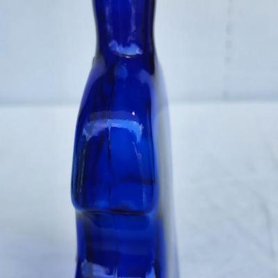 Vintage Glass Bottle lot with Green and Blue Glass Glass Cat Decanter. Vintage Banjo Glass Bottle