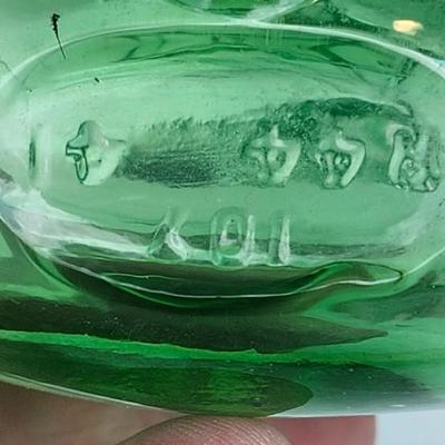 Vintage Glass Bottle lot with Green and Blue Glass Glass Cat Decanter. Vintage Banjo Glass Bottle